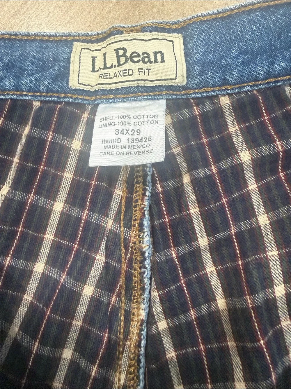L.L. Bean Flannel Lined Relaxed Fit Denim Light Wash Blue Jeans 34X29.